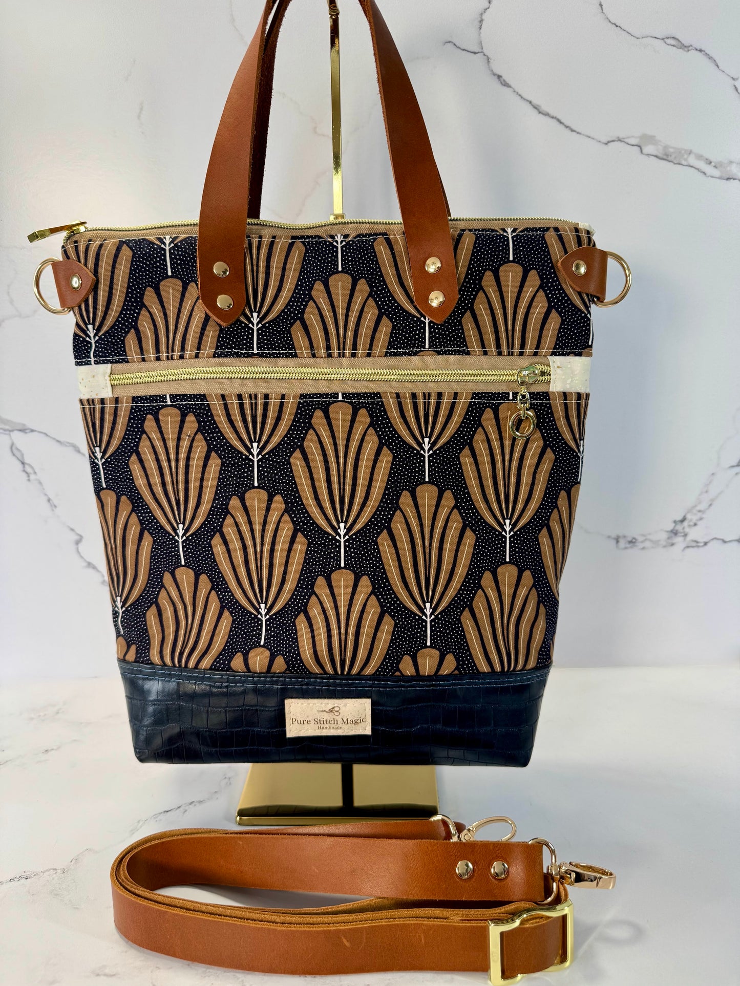 Aberdeen Tote – Art Deco Leaf in Brown & Navy Croc