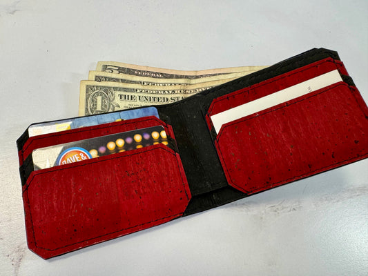 Cork Bifold Wallet – Black Exterior with Red Interior