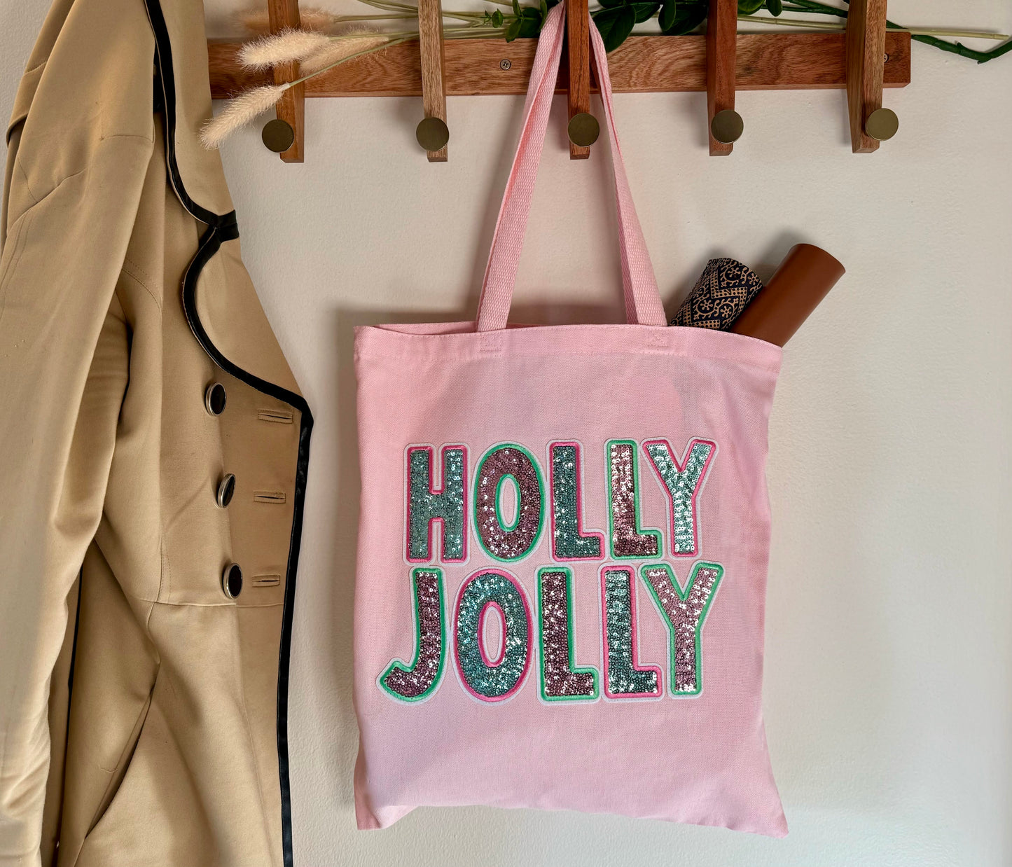 Sequins Holly Jolly Pink Tote Bag