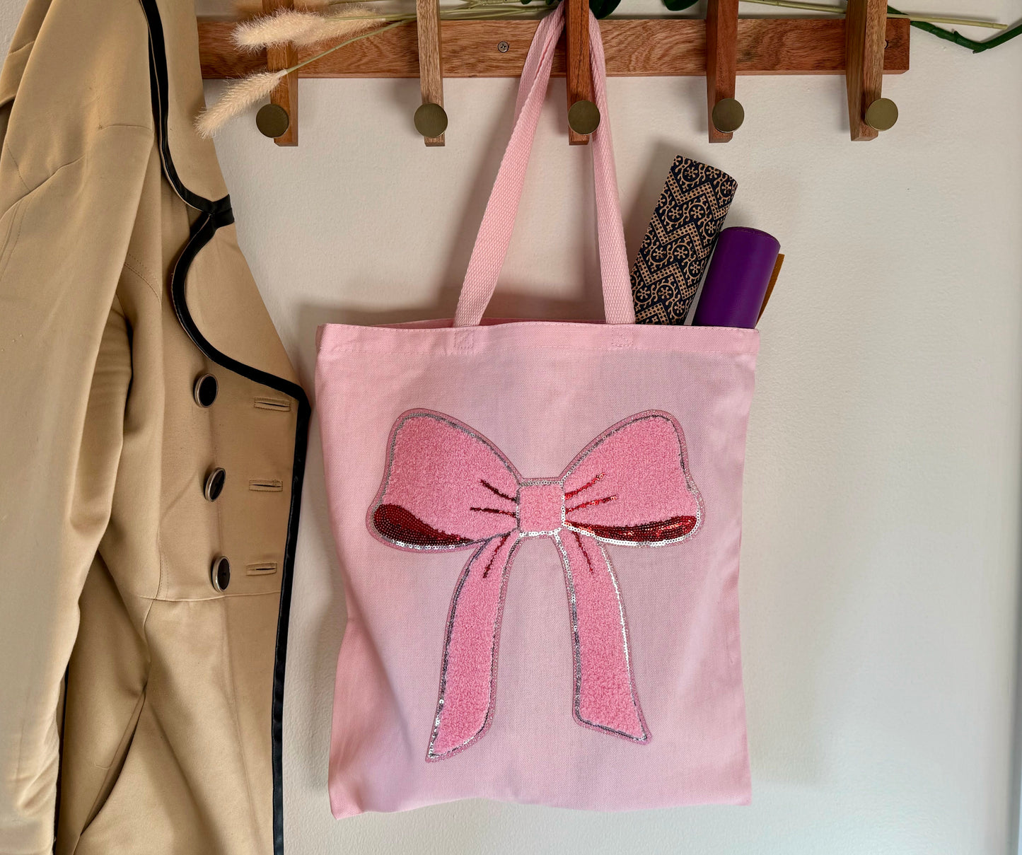 Sequins and Chenille Pink Red Bow Tote Bag