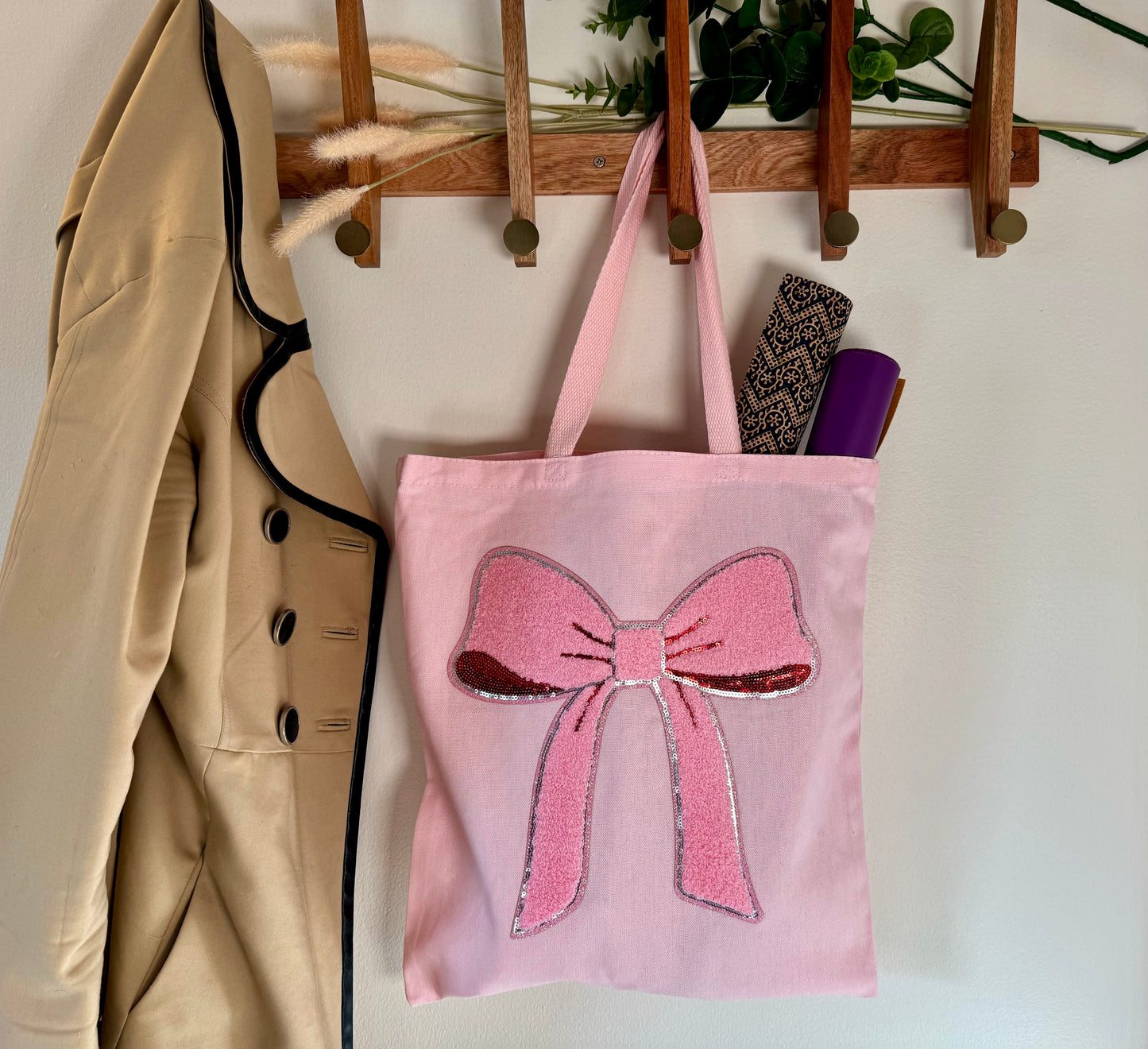 Sequins and Chenille Pink Red Bow Tote Bag