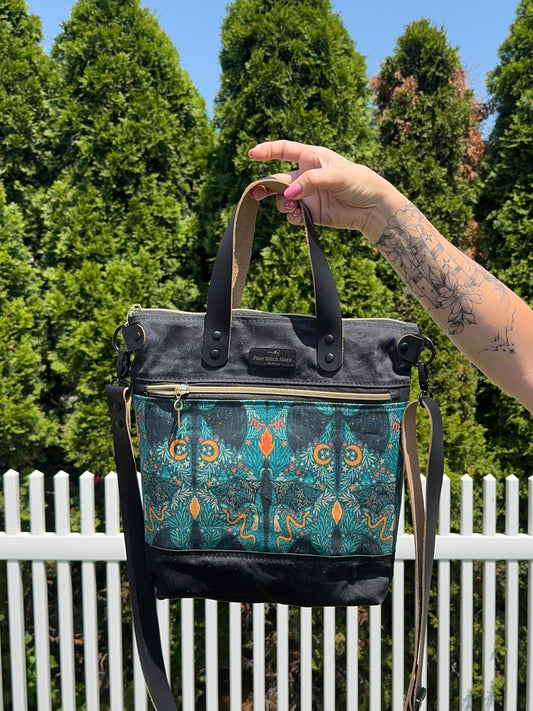 Aberdeen Tote Bag – Black Waxed Canvas with Art Nouveau Dragon Print & Leather Straps