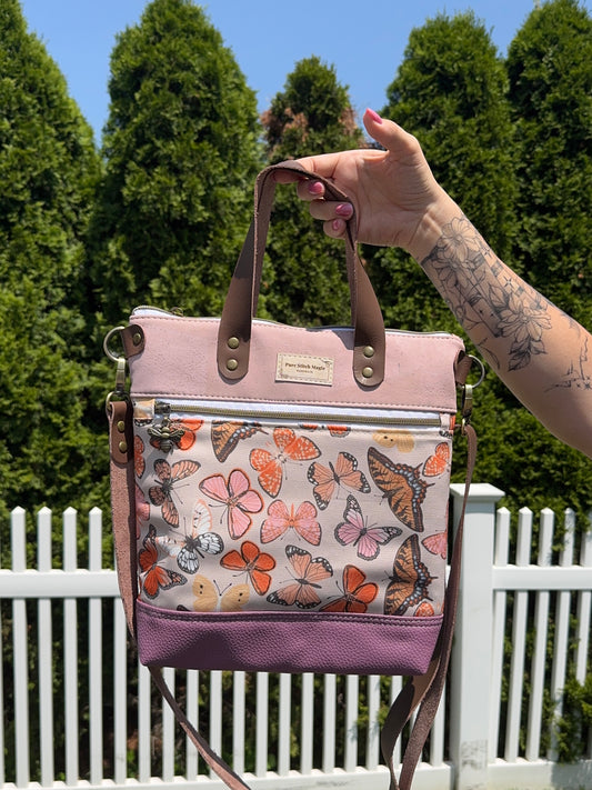 Aberdeen Tote Bag – Butterfly Canvas with Pink Cork, Purple Faux Leather & Leather Handles