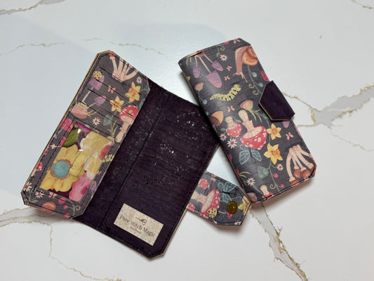 Cottage Core Cork Tall Wallet – Fold over Design with Card Slots & Zipper Pocket