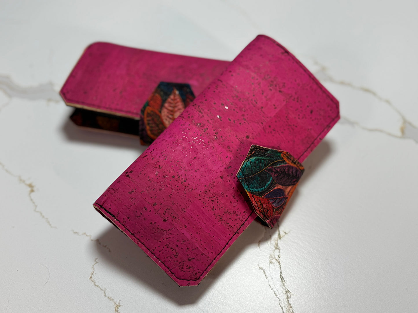 Pink & Fall Leaves Cork Tall Wallet – Foldover Design with Card & Coin Storage