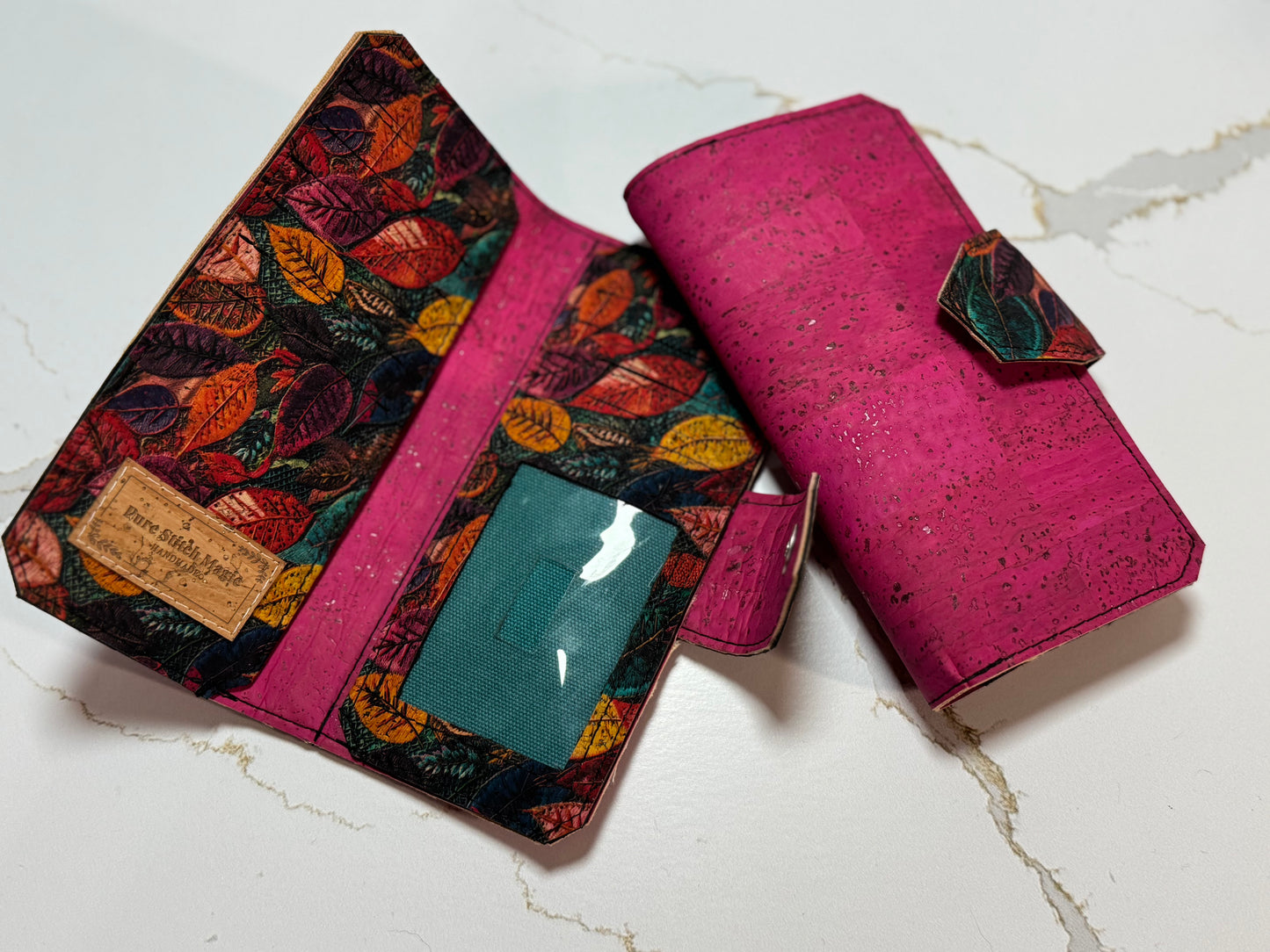 Pink & Fall Leaves Cork Tall Wallet – Foldover Design with Card & Coin Storage