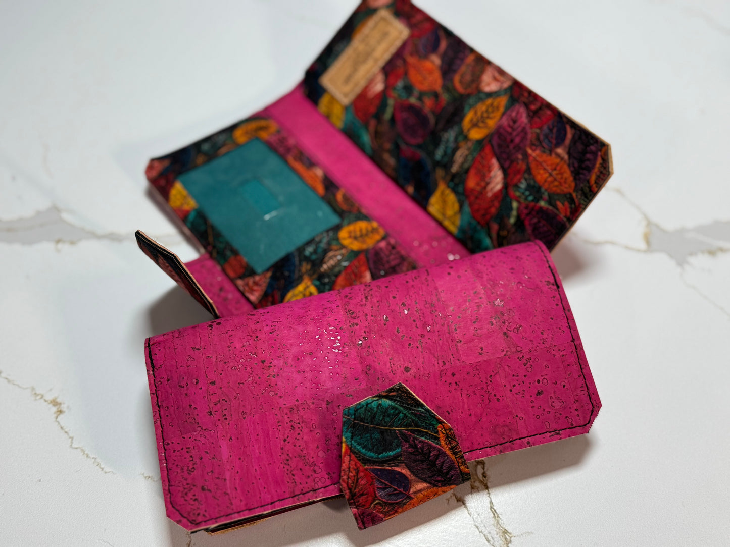 Pink & Fall Leaves Cork Tall Wallet – Foldover Design with Card & Coin Storage