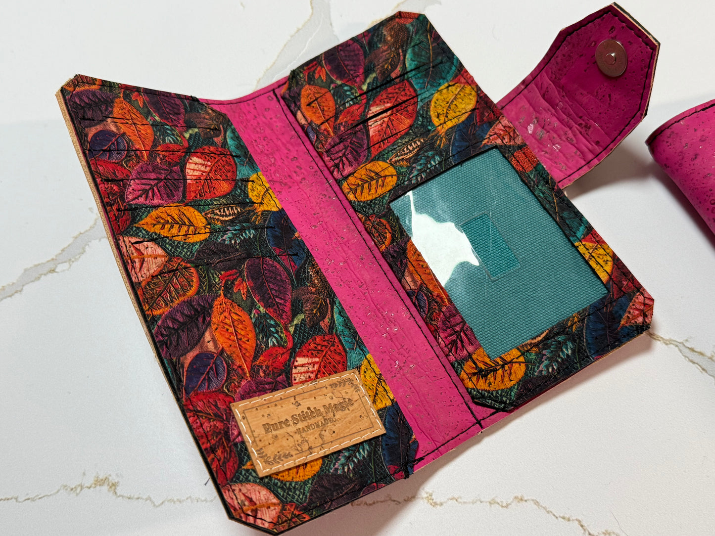 Pink & Fall Leaves Cork Tall Wallet – Foldover Design with Card & Coin Storage