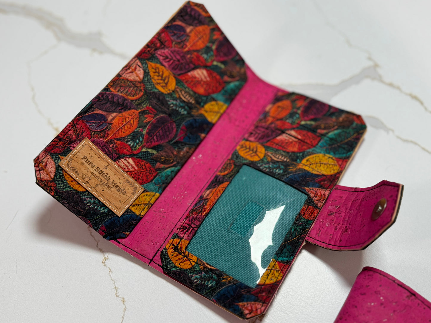 Pink & Fall Leaves Cork Tall Wallet – Foldover Design with Card & Coin Storage