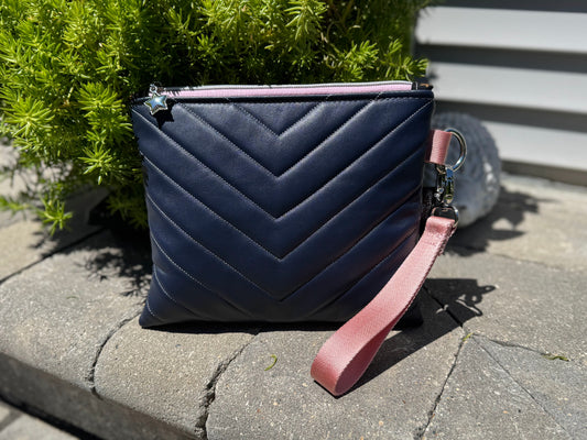 Quilted Navy Wristlet – Soft Faux Leather with Star Zipper Pull