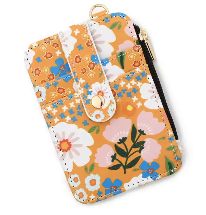 Floral Mini Card Holder Wallet with D-Ring Clip – ID Window, Zipper Pouch & Snap Closure