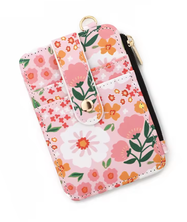 Floral Mini Card Holder Wallet with D-Ring Clip – ID Window, Zipper Pouch & Snap Closure