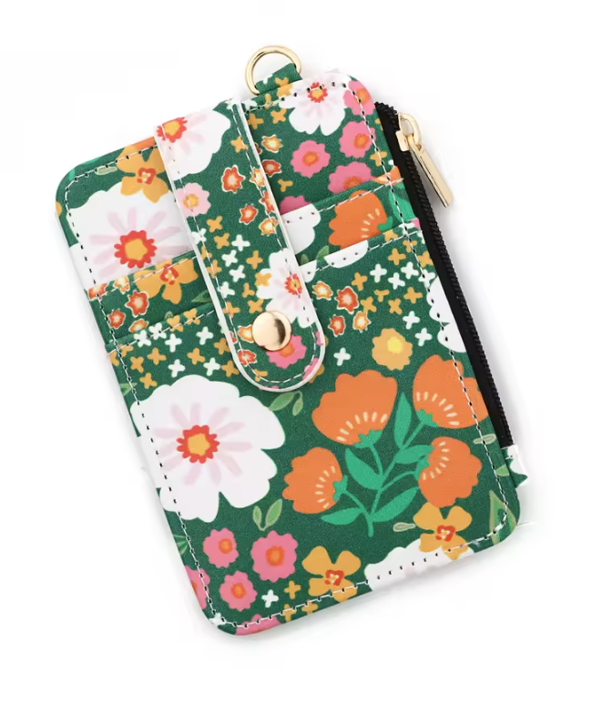 Floral Mini Card Holder Wallet with D-Ring Clip – ID Window, Zipper Pouch & Snap Closure