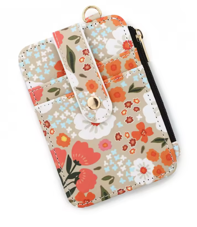 Floral Mini Card Holder Wallet with D-Ring Clip – ID Window, Zipper Pouch & Snap Closure