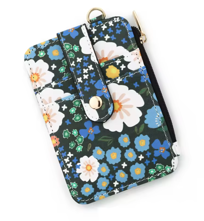 Floral Mini Card Holder Wallet with D-Ring Clip – ID Window, Zipper Pouch & Snap Closure