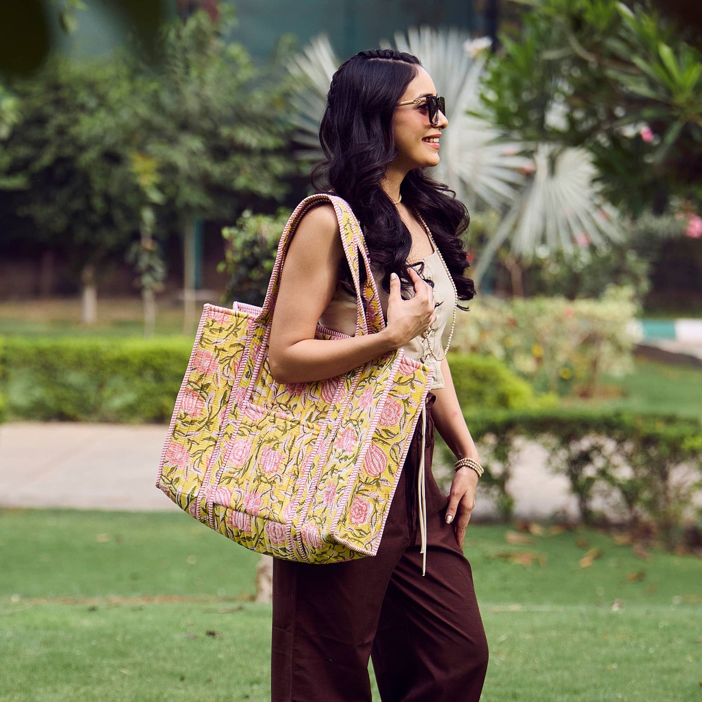 Bright Dahlias Quilted Block-Printed Tote
