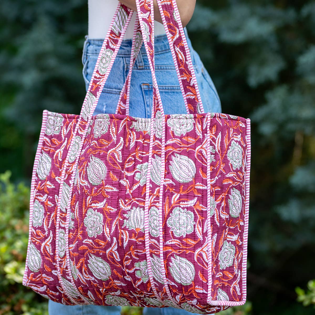 Plum Blossoms Quilted Block-Printed Tote